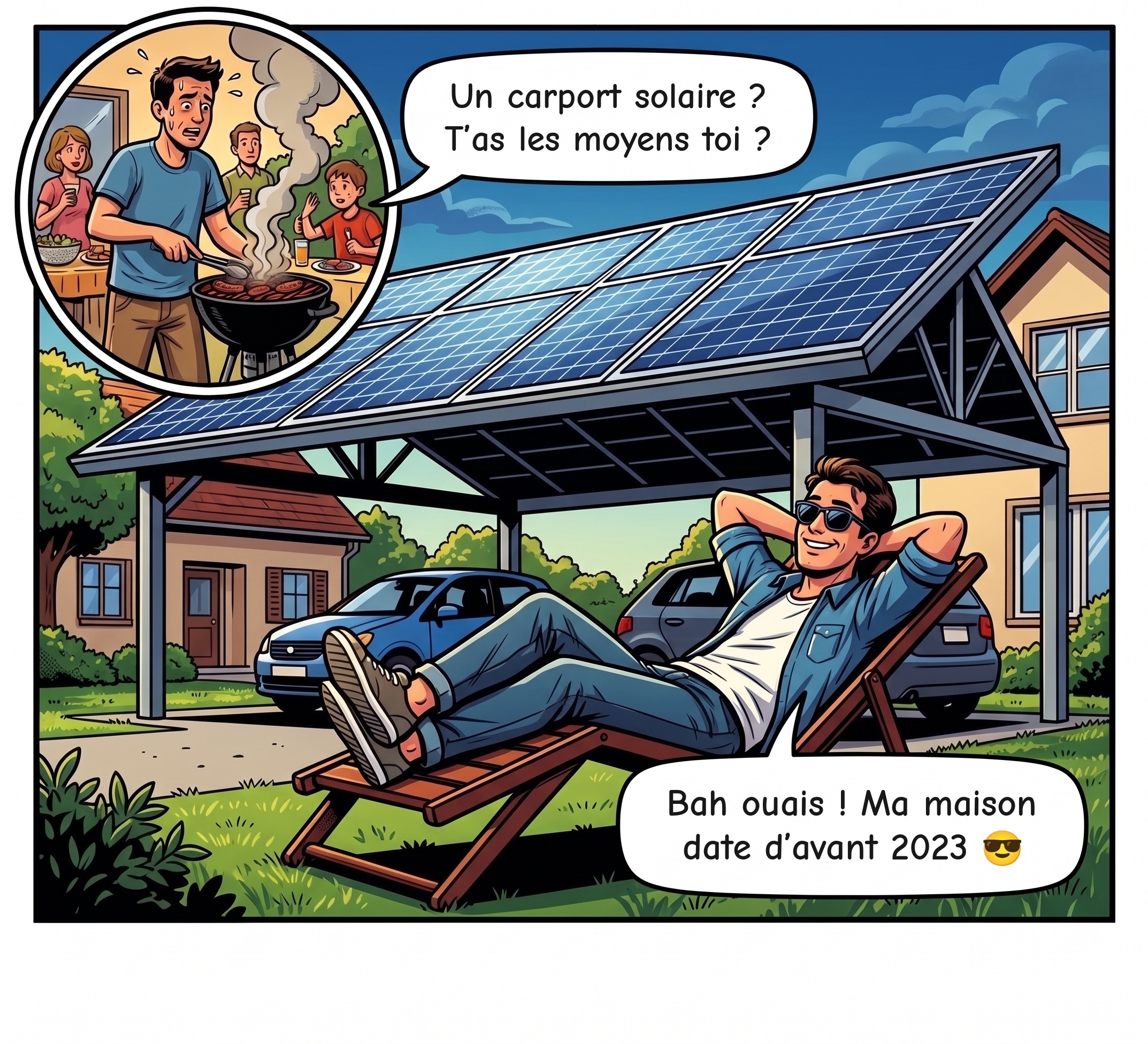 Bande dessinée : un voisin au barbecue s'étonne qu'on puisse s'offrir un carport solaire, son voisin détendu sur un transat lui répond que sa maison date d'avant 2023